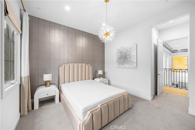 bedroom featuring light colored carpet, recessed lighting, baseboards, and an inviting chandelier