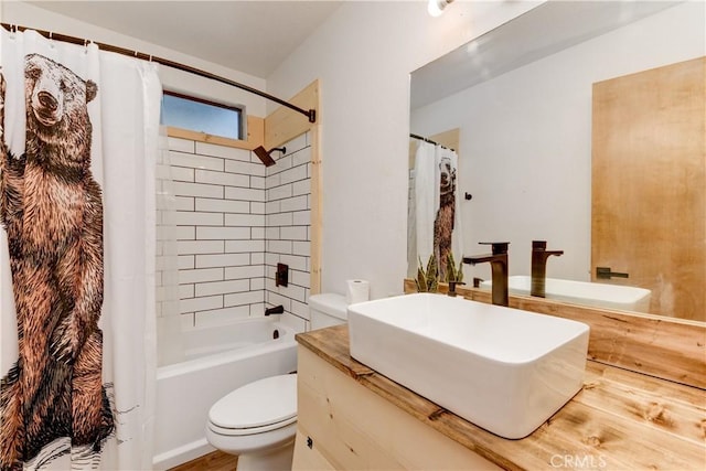 1288 Clubview Dr, Big Bear Lake, CA 92315 - full bathroom with toilet, shower / bath combination with curtain, wood finished floors, and vanity