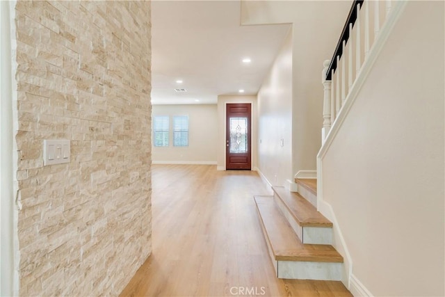 33827 Flora Springs St, Temecula, CA 92592 - entryway with stairway, light wood-style flooring, and recessed lighting