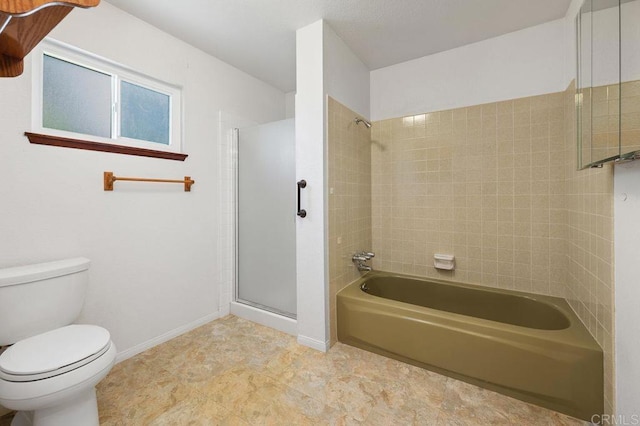 bathroom with shower / tub combination, toilet, and baseboards