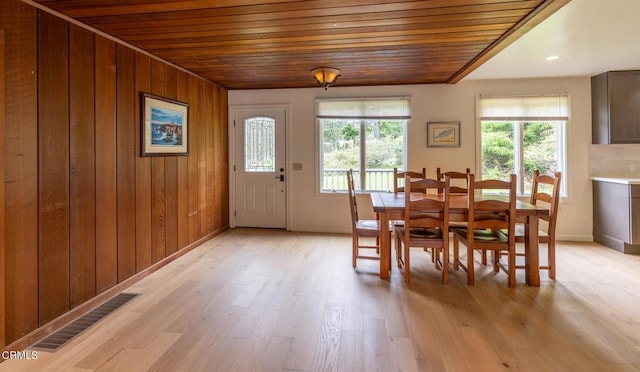 dining space featuring visible vents, a healthy amount of sunlight, and wooden ceiling