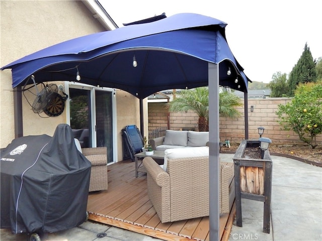11622 Remington St, Sylmar, CA 91342 - wooden deck featuring fence, outdoor lounge area, a gazebo, and grilling area