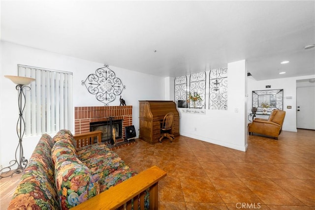 15910 Peach Tree Ln, Fontana, CA 92337 - tiled living room featuring a brick fireplace