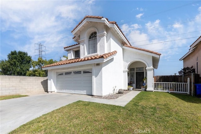 15910 Peach Tree Ln, Fontana, CA 92337 - mediterranean / spanish-style house with stucco siding, a tile roof, an attached garage, and concrete driveway
