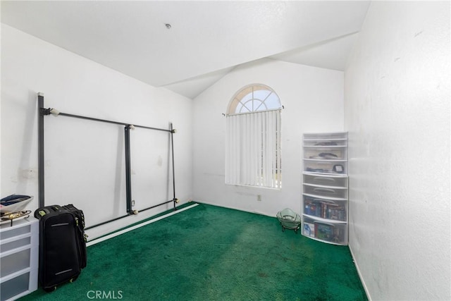 unfurnished room featuring lofted ceiling and carpet flooring