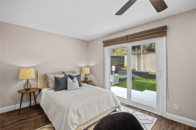 bedroom with ceiling fan, access to outside, wood finished floors, and baseboards