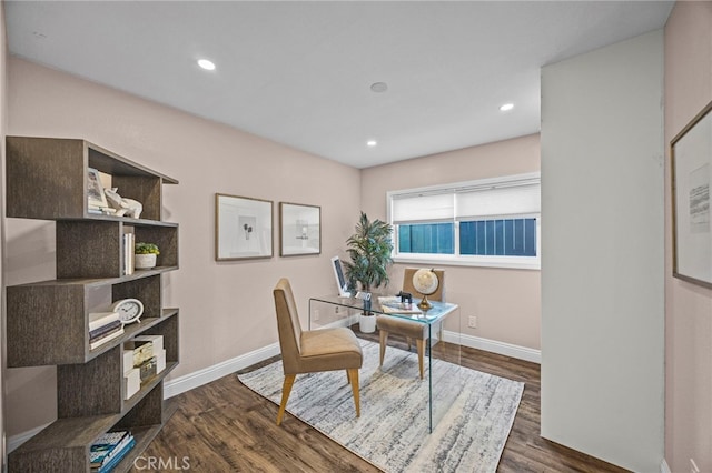 office space featuring dark wood-style flooring, recessed lighting, and baseboards