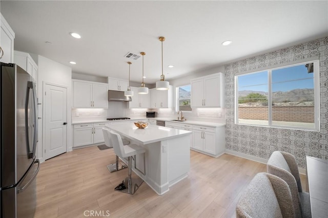 kitchen with appliances with stainless steel finishes, a sink, white cabinetry, under cabinet range hood, and visible vents