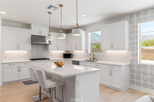 kitchen featuring a sink, dishwasher, light wood-type flooring, under cabinet range hood, and visible vents