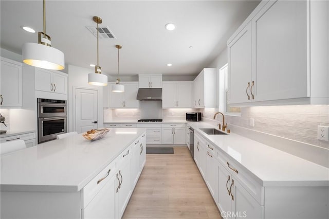 kitchen with visible vents, under cabinet range hood, white cabinets, a sink, and stainless steel appliances