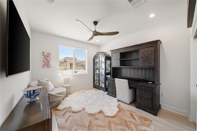 office area with recessed lighting, ceiling fan, visible vents, and baseboards