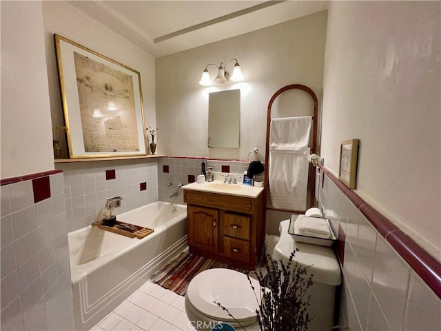3704 Hellman Ave, Los Angeles, CA 90032 - bathroom with tile walls, toilet, a garden tub, tile patterned floors, and wainscoting