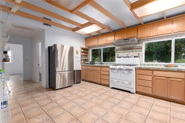 20095 Gustin Rd, Perris, CA 92570 - kitchen with a sink, tile counters, freestanding refrigerator, double oven range, and under cabinet range hood