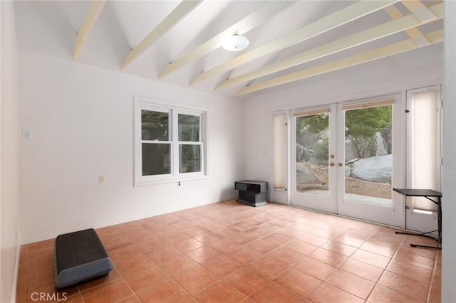 20095 Gustin Rd, Perris, CA 92570 - spare room with tile patterned flooring, lofted ceiling with beams, and french doors