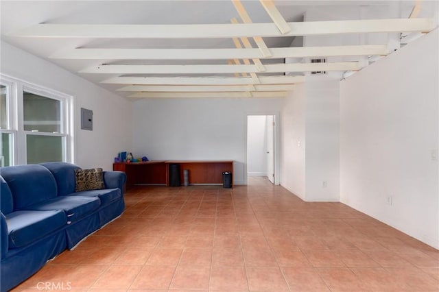 20095 Gustin Rd, Perris, CA 92570 - living area with visible vents, light tile patterned floors, electric panel, and beam ceiling