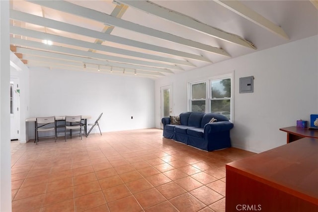 20095 Gustin Rd, Perris, CA 92570 - living room featuring light tile patterned floors and beamed ceiling