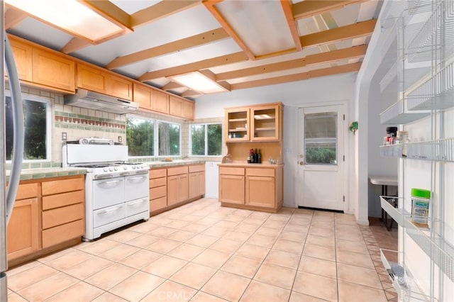 20095 Gustin Rd, Perris, CA 92570 - kitchen featuring light brown cabinetry, glass insert cabinets, tile countertops, under cabinet range hood, and double oven range