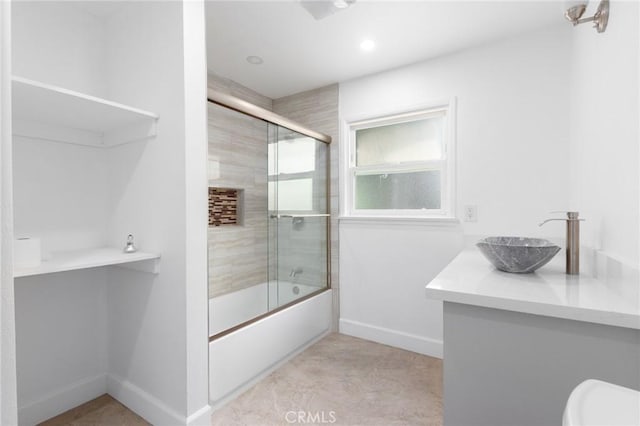 20095 Gustin Rd, Perris, CA 92570 - bathroom featuring baseboards, bath / shower combo with glass door, vanity, toilet, and recessed lighting