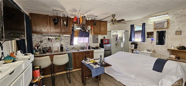 kitchen with a sink, ceiling fan, a wealth of natural light, and wood finished floors