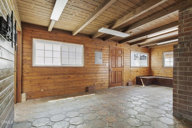 spare room featuring beam ceiling, wooden ceiling, stone floors, and wooden walls