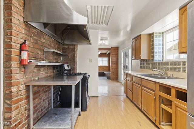 kitchen featuring a sink, light wood-style floors, wall chimney exhaust hood, backsplash, and range with gas cooktop