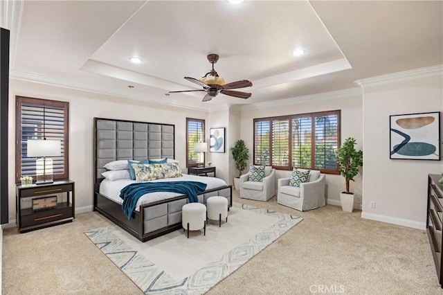 bedroom featuring a raised ceiling, ornamental molding, light carpet, and recessed lighting