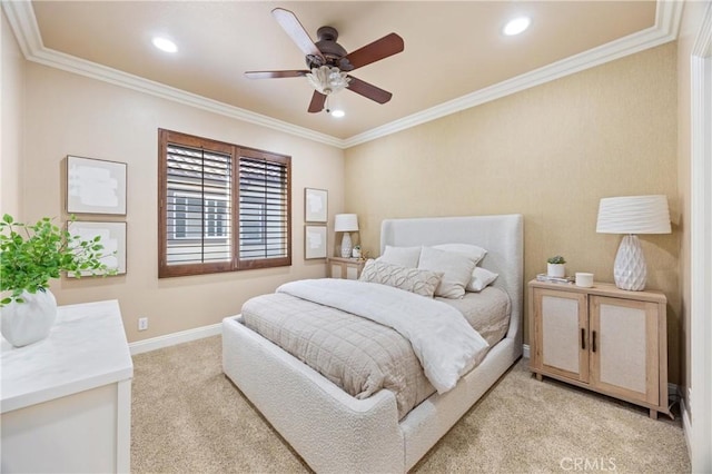 bedroom featuring ceiling fan, baseboards, ornamental molding, light carpet, and recessed lighting