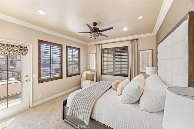 carpeted bedroom with baseboards, ornamental molding, recessed lighting, and access to exterior