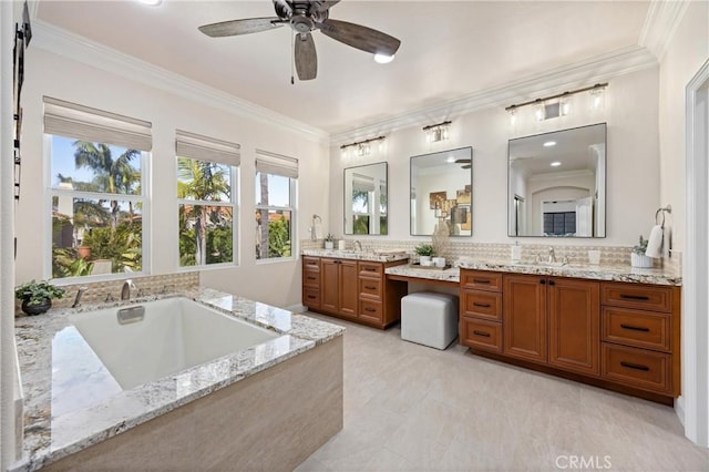 bathroom with crown molding, ceiling fan, vanity, a bathtub, and decorative backsplash