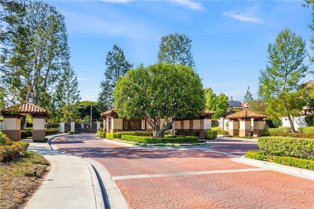 view of street featuring a gated entry and curbs