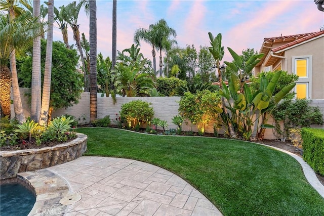 view of yard with a fenced backyard and a patio area
