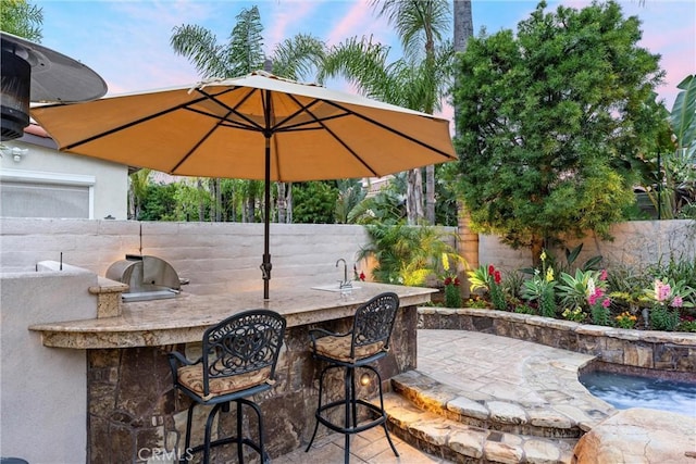 view of patio with a fenced backyard and outdoor wet bar