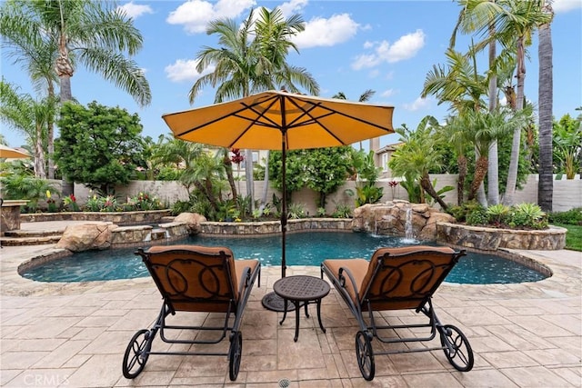view of pool with a fenced backyard, a fenced in pool, and a patio