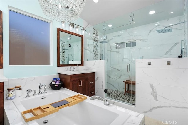 35183 Flamingo Way, Winchester, CA 92596 - full bath featuring a marble finish shower, a garden tub, vanity, a chandelier, and recessed lighting