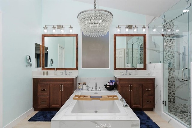 35183 Flamingo Way, Winchester, CA 92596 - full bathroom featuring a stall shower, two vanities, and a chandelier