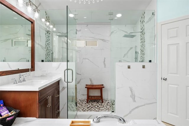 35183 Flamingo Way, Winchester, CA 92596 - bathroom featuring a marble finish shower, vanity, and recessed lighting