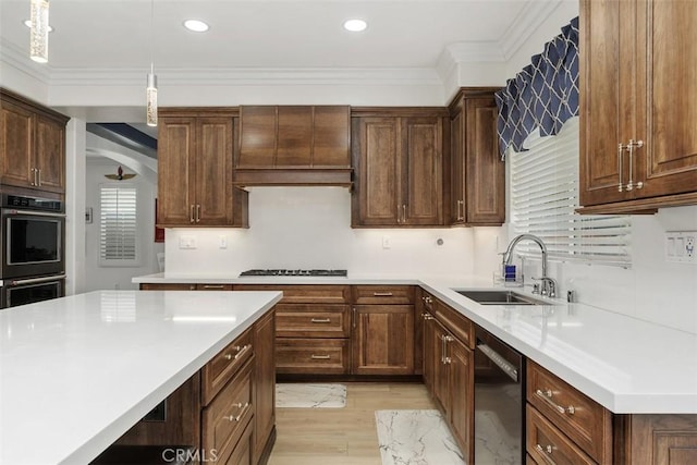 35183 Flamingo Way, Winchester, CA 92596 - kitchen with dishwasher, a sink, double oven, light countertops, and ornamental molding