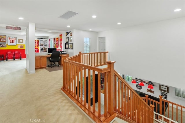35183 Flamingo Way, Winchester, CA 92596 - corridor with an upstairs landing, a desk, light carpet, and recessed lighting
