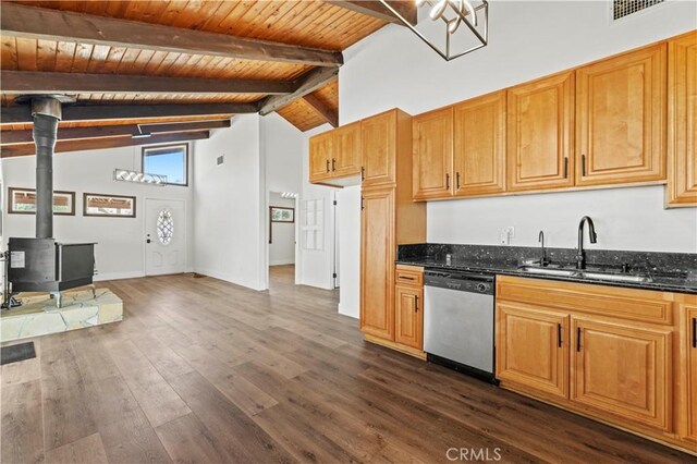 34717 Red Rover Mine Rd, Acton, CA 93510 - kitchen featuring stainless steel dishwasher, wooden ceiling, a sink, a wood stove, and dark wood finished floors