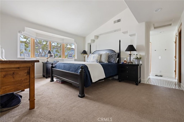 300302 S Bayfront, Newport Beach, CA 92662 - bedroom featuring light colored carpet, visible vents, baseboards, attic access, and high vaulted ceiling
