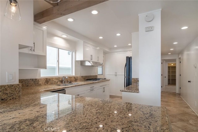 300302 S Bayfront, Newport Beach, CA 92662 - kitchen with stainless steel gas cooktop, light stone countertops, a sink, under cabinet range hood, and freestanding refrigerator
