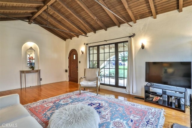 1956 E Woodlyn Rd, Pasadena, CA 91104 - living area with arched walkways, wood finished floors, and wooden ceiling