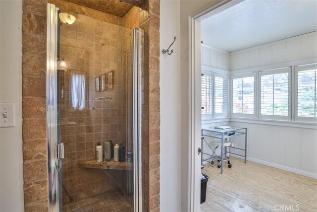 1956 E Woodlyn Rd, Pasadena, CA 91104 - bathroom featuring wood finished floors and a shower stall