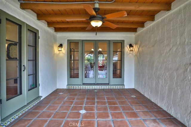 1956 E Woodlyn Rd, Pasadena, CA 91104 - view of exterior entry with ceiling fan, stucco siding, and french doors