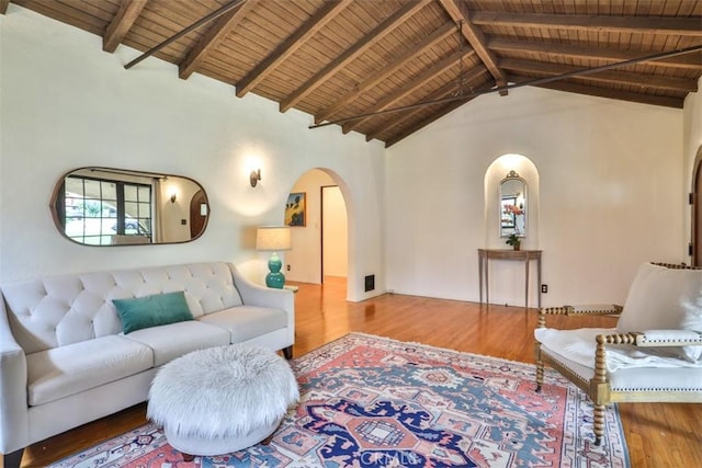 1956 E Woodlyn Rd, Pasadena, CA 91104 - living room with wood finished floors, beamed ceiling, high vaulted ceiling, wood ceiling, and arched walkways