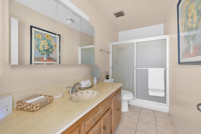 bathroom with a stall shower, tile patterned flooring, vanity, and toilet