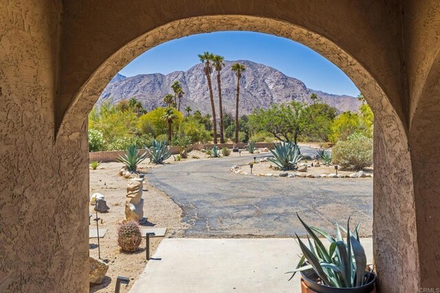 view of patio with a mountain view
