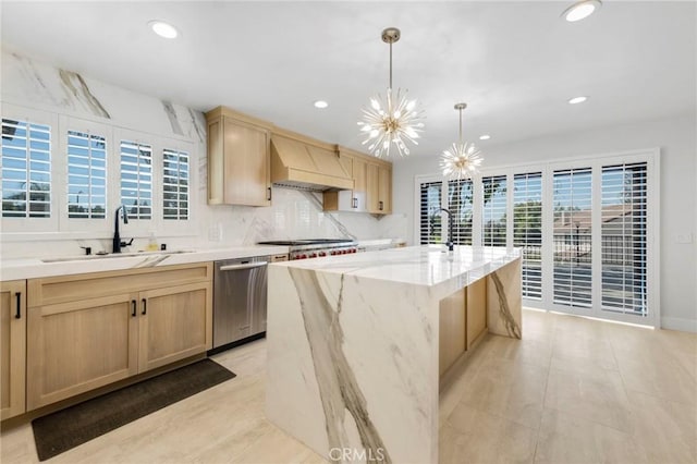 20500 Blairmoore St, Chatsworth, CA 91311 - kitchen featuring premium range hood, dishwasher, a sink, light brown cabinetry, and a chandelier