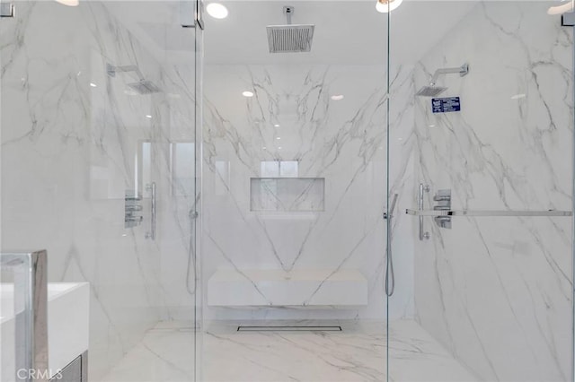 20500 Blairmoore St, Chatsworth, CA 91311 - full bathroom featuring a marble finish shower, vanity, and marble finish flooring