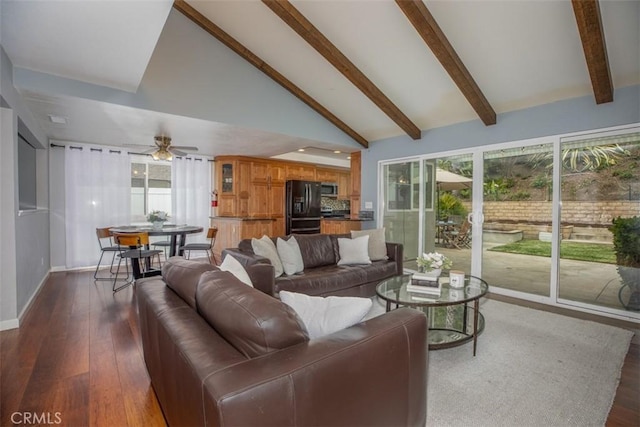 living room with ceiling fan, beam ceiling, a wealth of natural light, and dark wood-type flooring